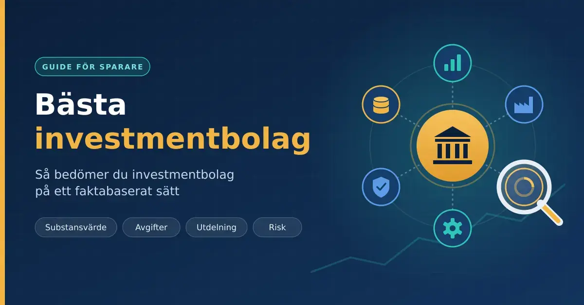 Illustration med rubriken ”Bästa investmentbolag” bredvid en symbol för ett investmentbolag som är kopplat till flera innehav och granskas med ett förstoringsglas, tillsammans med bedömningskriterierna substansvärde, avgifter, utdelning och risk.