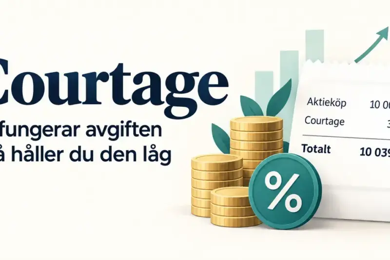 Illustration med myntstaplar, procenttecken och ett kvitto som visar ett aktieköp på 10 000 kronor med 39 kronor i courtage och totalt 10 039 kronor.