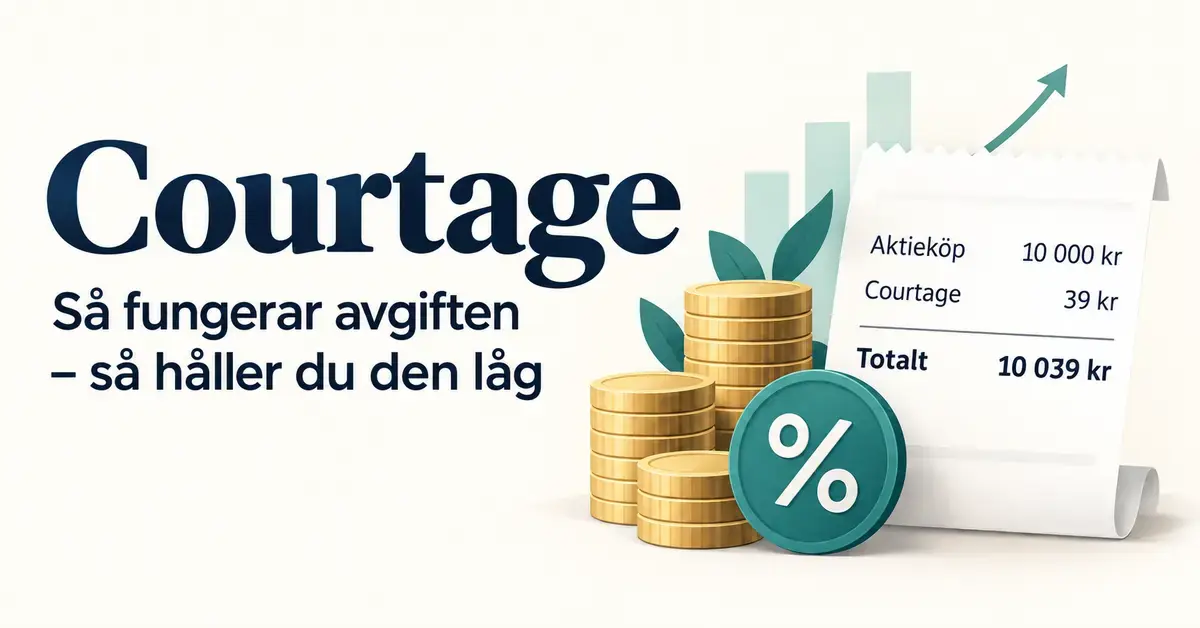 Illustration med myntstaplar, procenttecken och ett kvitto som visar ett aktieköp på 10 000 kronor med 39 kronor i courtage och totalt 10 039 kronor.