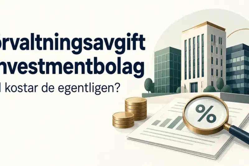 Illustration av företagsbyggnader, myntstaplar och ett förstoringsglas med procenttecken som symboliserar förvaltningskostnader i investmentbolag.