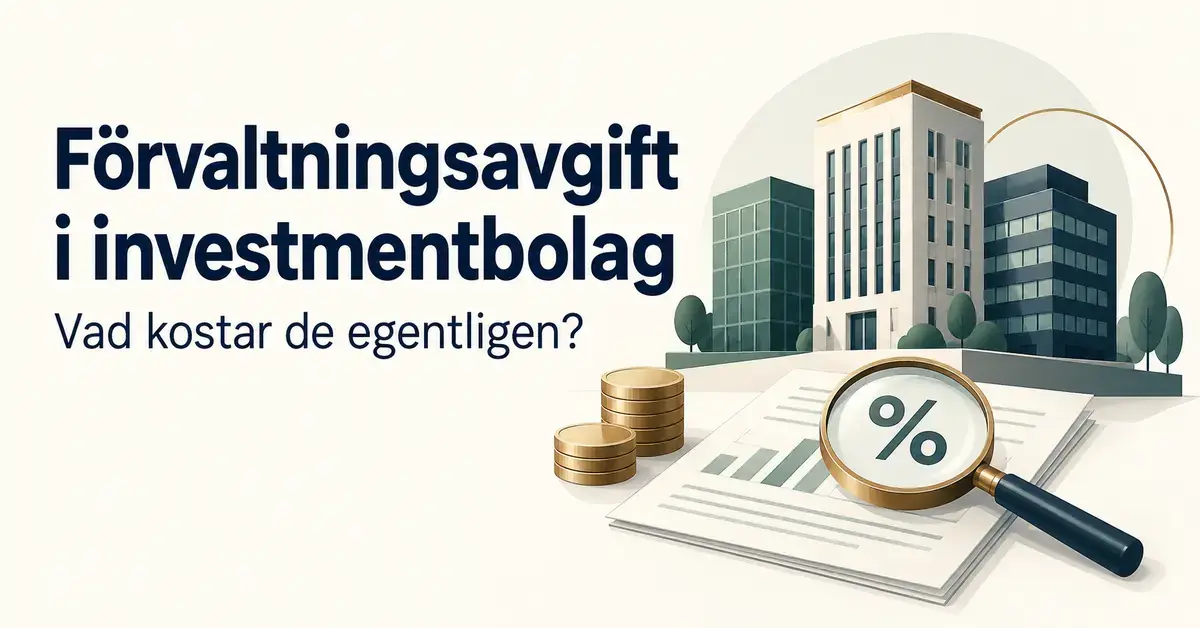 Illustration av företagsbyggnader, myntstaplar och ett förstoringsglas med procenttecken som symboliserar förvaltningskostnader i investmentbolag.