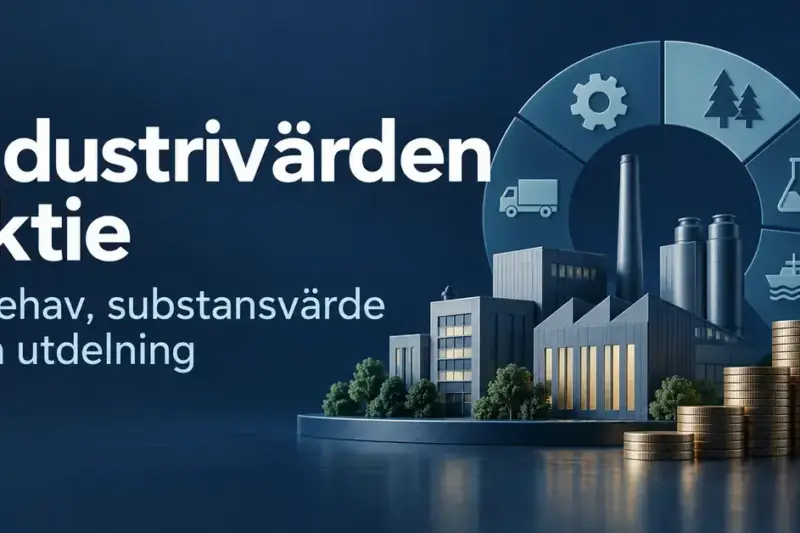 Illustration av industribyggnader, branschsymboler och myntstaplar med texten Industrivärden aktie – innehav, substansvärde och utdelning.