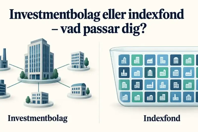 Illustration som jämför ett investmentbolag, visat som sammankopplade företagsbyggnader, med en indexfond, visad som en korg med många bolag.
