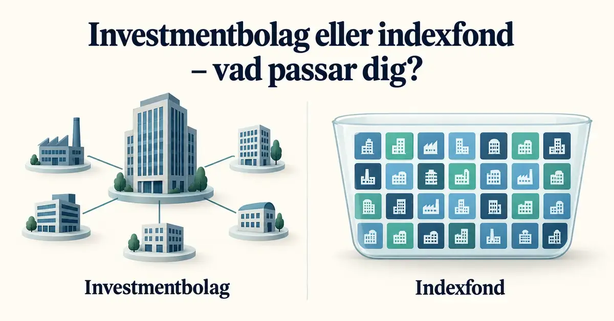 Illustration som jämför ett investmentbolag, visat som sammankopplade företagsbyggnader, med en indexfond, visad som en korg med många bolag.