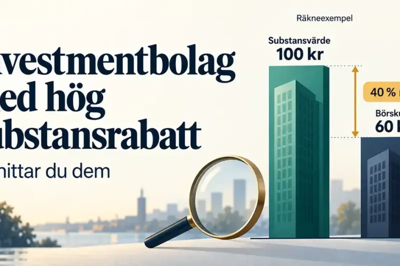 Illustration med förstoringsglas och två staplar som visar ett substansvärde på 100 kronor och en börskurs på 60 kronor, vilket motsvarar 40 procents substansrabatt.