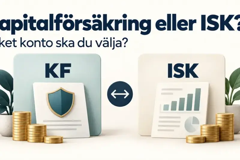 Illustration av valet mellan kapitalförsäkring och ISK med två kontokort, en sköld, ett diagram och myntstaplar.
