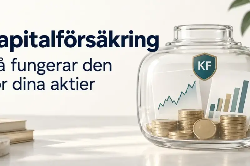 Glasbehållare märkt KF med mynt och diagram illustrerar aktiesparande i en kapitalförsäkring, intill texten ”Kapitalförsäkring – Så fungerar den för dina aktier”.