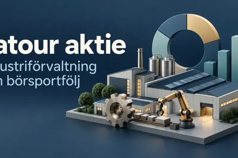 Illustration av Latours industriförvaltning och börsportfölj med en fabrik, en robotarm, ett kugghjul och finansiella diagram.