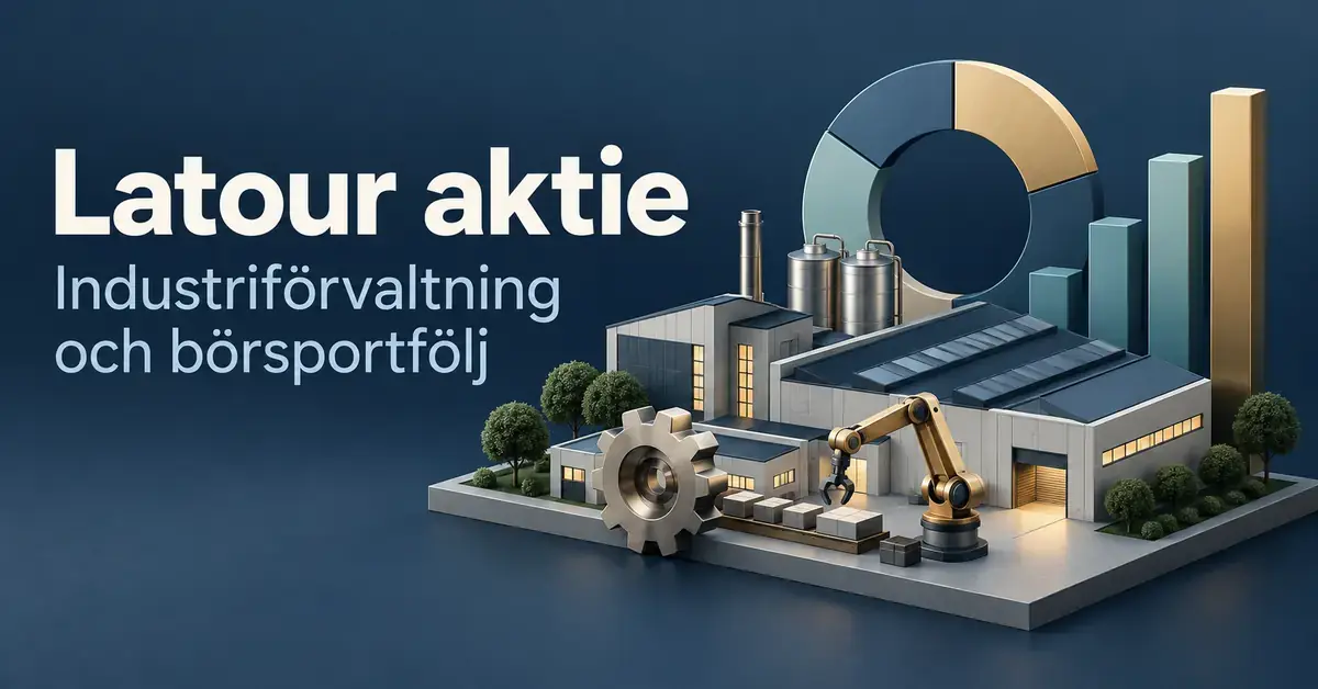 Illustration av Latours industriförvaltning och börsportfölj med en fabrik, en robotarm, ett kugghjul och finansiella diagram.