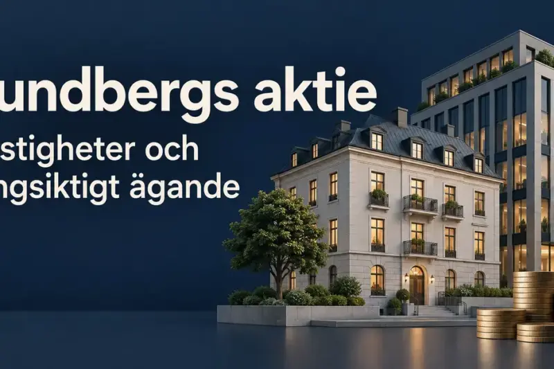 Illustration av bostads- och kontorsfastigheter med träd och myntstaplar samt texten ”Lundbergs aktie – Fastigheter och långsiktigt ägande”.