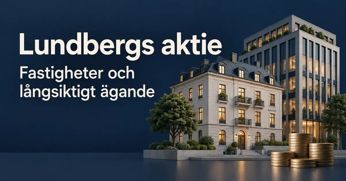 Illustration av bostads- och kontorsfastigheter med träd och myntstaplar samt texten ”Lundbergs aktie – Fastigheter och långsiktigt ägande”.