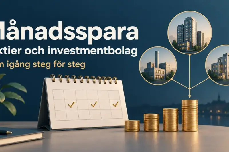 Illustration av månadssparande i aktier och investmentbolag med en kalender, staplar av mynt och sammankopplade företagsbyggnader.