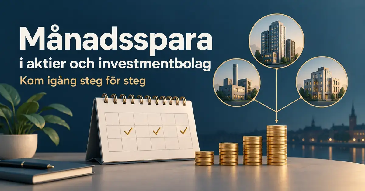 Illustration av månadssparande i aktier och investmentbolag med en kalender, staplar av mynt och sammankopplade företagsbyggnader.