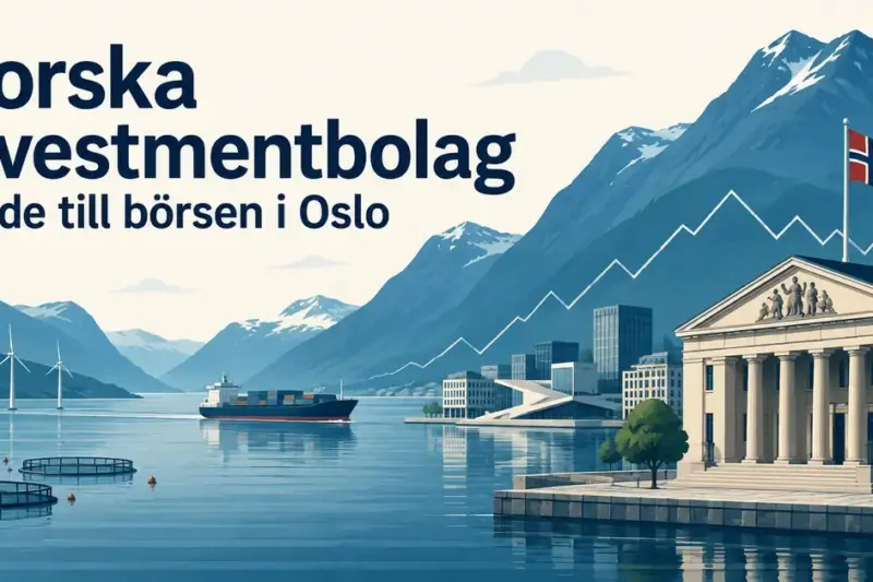 Illustration av norska investmentbolag med norsk flagga, börsbyggnad, fartyg, vindkraftverk och fiskodling i ett fjordlandskap.