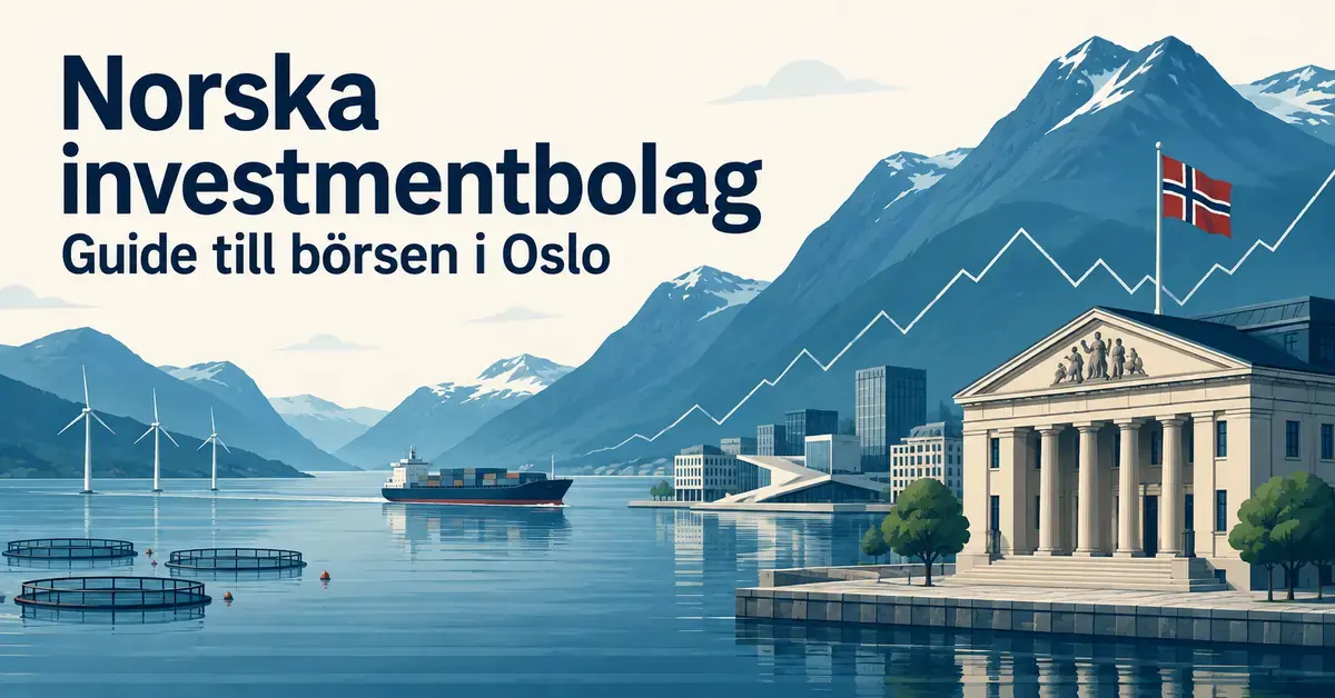 Illustration av norska investmentbolag med norsk flagga, börsbyggnad, fartyg, vindkraftverk och fiskodling i ett fjordlandskap.