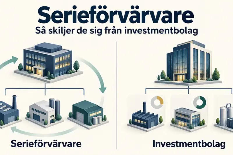 Illustration som jämför en serieförvärvares företagsgrupp och återinvesteringar med ett investmentbolags ägarandelar i flera företag.