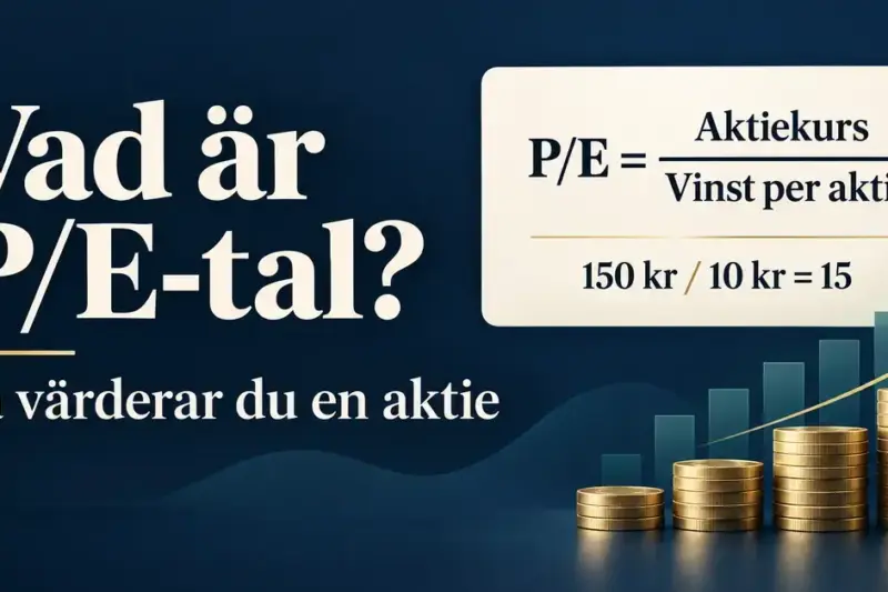 Illustration av P/E-talet med formeln aktiekurs delat med vinst per aktie och räkneexemplet 150 kronor delat med 10 kronor ger P/E 15.