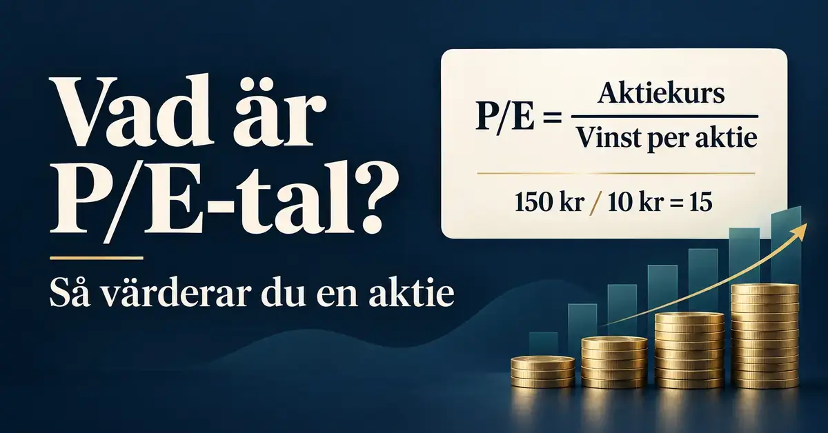 Illustration av P/E-talet med formeln aktiekurs delat med vinst per aktie och räkneexemplet 150 kronor delat med 10 kronor ger P/E 15.