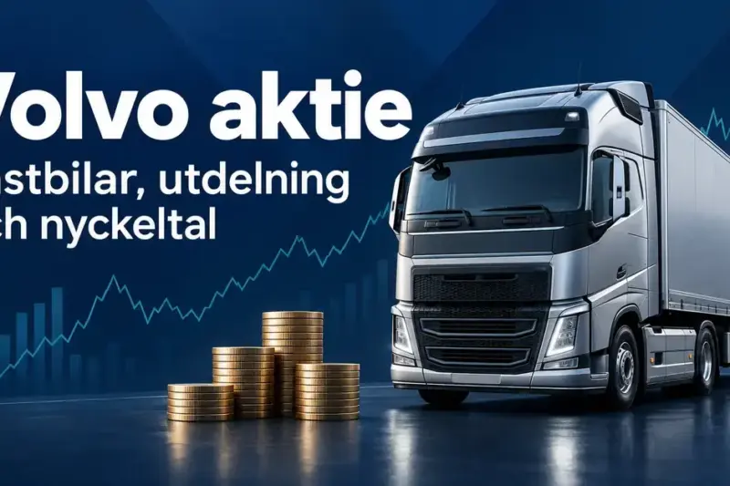 Illustration av en silverfärgad lastbil, myntstaplar och ett börsdiagram mot mörkblå bakgrund med texten ”Volvo aktie – Lastbilar, utdelning och nyckeltal”.